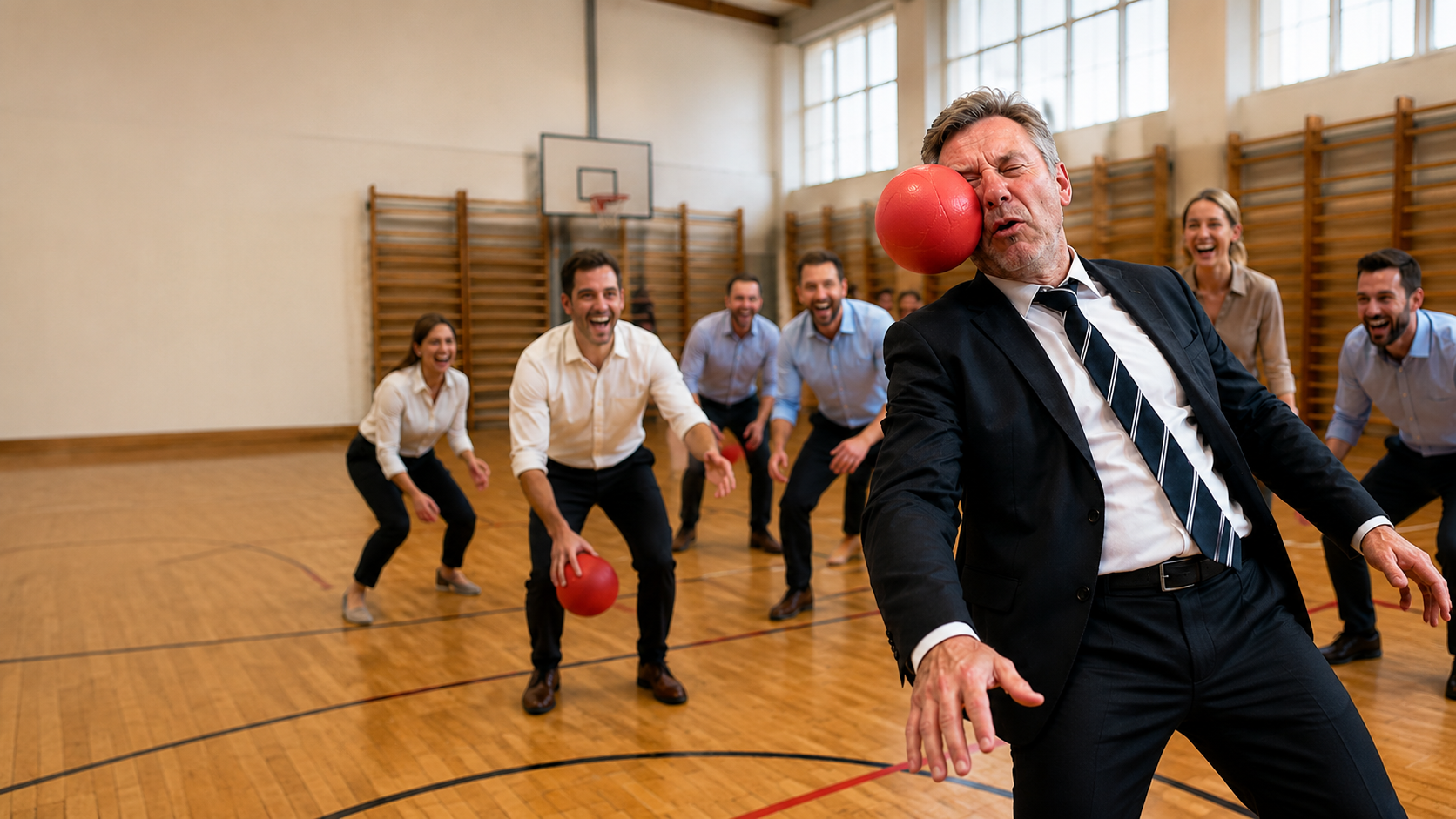 Mann im Anzug bekommt beim Völkerball im Turnsaal einen roten Ball ins Gesicht, das Team lacht im Hintergrund